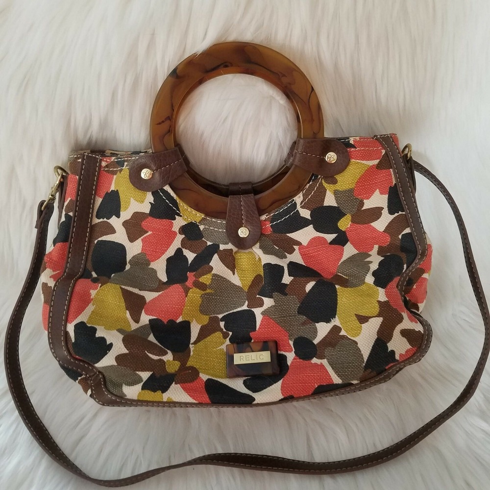 RELIC Canvas Purse Handbag Removeable Shoulder Strap Round Handles Floral Fall